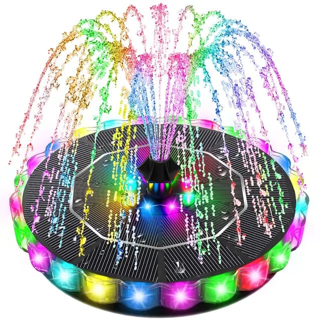 SZMP Fuente Solar Jardin Exterior con 32 LED Coloridos, Bomba de Agua Solar 3.5W & 2000mAh Batería, 8 Boquillas & 4 Fijadores para Estanque de Jardín Fuente, Baño para Pájaros, Exterior, Pecera