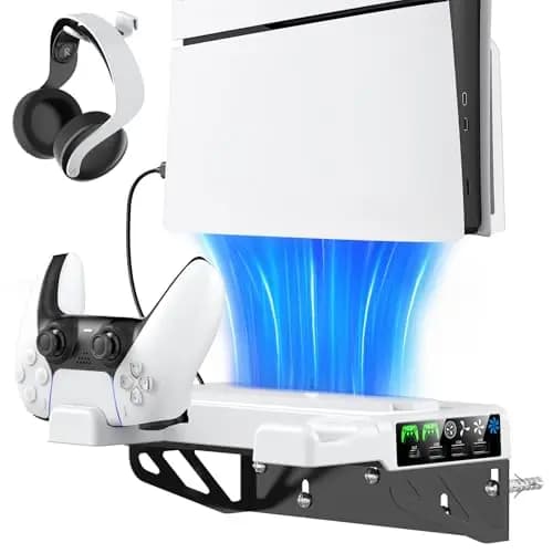 Tokluck Soporte Pared para PS5/ Slim/ Pro, Soporte PS5 con Ventilador de Refrigeración y Cargador de Mando para PlayStation 5, Base de Carga PS 5 con Soporte para Auriculares