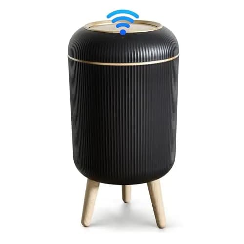 Papelera Automática 10L con Sensor para Baño, Blanca - Cubo Basura Inteligente con Diseño Redondo Elegante, Patas de Madera y Apertura Sin Contacto para Salón (10L Schwarz)