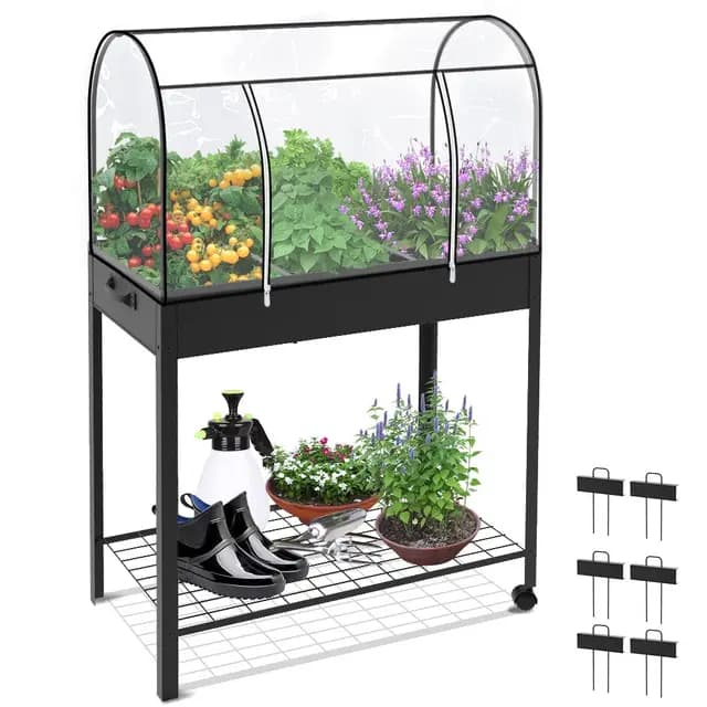 VOUNOT® Huerto Urbano Terraza Mesa de Cultivo Cubierta de Protección, Jardinera Elevada con Ruedas Asa Lateral y Estante Inferior, para Plantas Flores Verduras Jardín Interior Exterior, Negro