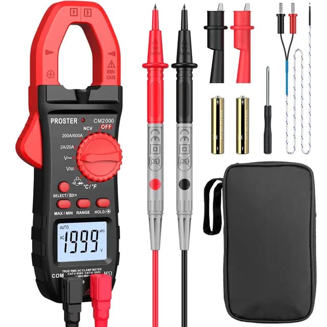 Proster Pinza Amperimétrica 2000 Cuentas 600A TRMS NCV Multímetro Digital Rango Automático con Pantalla Retroiluminada para Voltaje AC DC Corriente AC Diodo Resistencia Continuidad Temperatura