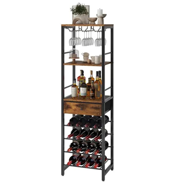 IBUYKE Estantería De Vino, Botellero Vino De 4 Capas Independiente con Portavasos Y Cajón,Estante De Vino De Mostrador, Organizador De Almacenamiento,para Cocina, Bar, Comedor, Marrón Vintage TMJ905H