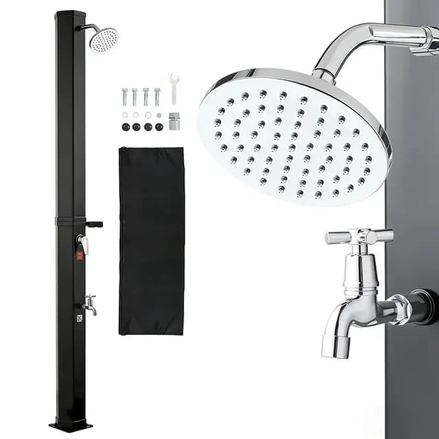 VEVOR Ducha Solar para Exteriores 35 L con Cabezal de Ducha Alto Total de 216 cm, Ducha Solar para Piscina con Grifo y Jabonera, Ajuste de Agua Caliente y Fría, para Jardín, Playa, Patio, Negro
