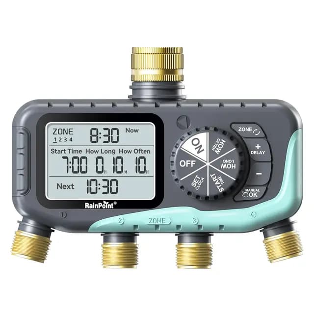RAINPOINT Programador Riego 4 Salidas, Entrada y Salida de Latón, Impermeable IP65, Temporizador de Riego Automático con Retardo de Lluvia/Riego Manual, para Invernadero, Césped y Jardín