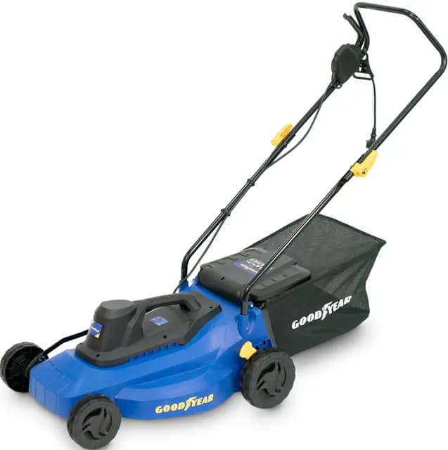 Goodyear - Cortacésped Eléctrico 1200W, Ancho de Corte 32 cm, Altura Ajustable 25/45/65 mm, Bolsa de 35L, Motor 3300 RPM, Ligero y Compacto, No Autopropulsado, Ideal para Jardines Pequeños