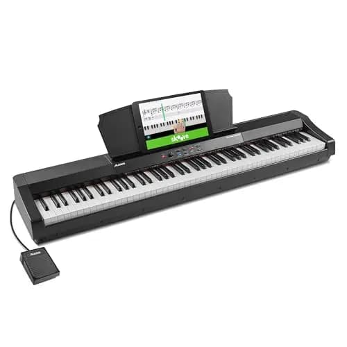 Alesis Recital Grand Piano Eléctrico 88 Teclas Contrapesadas de Acción Martillo con Altavoces, Lecciones de Piano, Metrónomo y 16 Kits de Sonidos