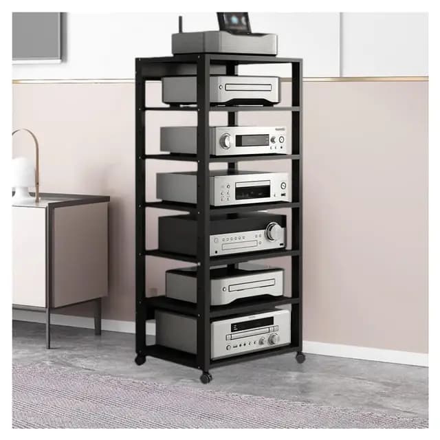 Mueble Equipo HiFi, 7 Estante Soporte Multimedia AV, Mueble HiFi Estanteria HiFi para Equipo de Música, AV Torre de Rack de Audio para Tocadiscos Media Tower Cabinet(Negro)