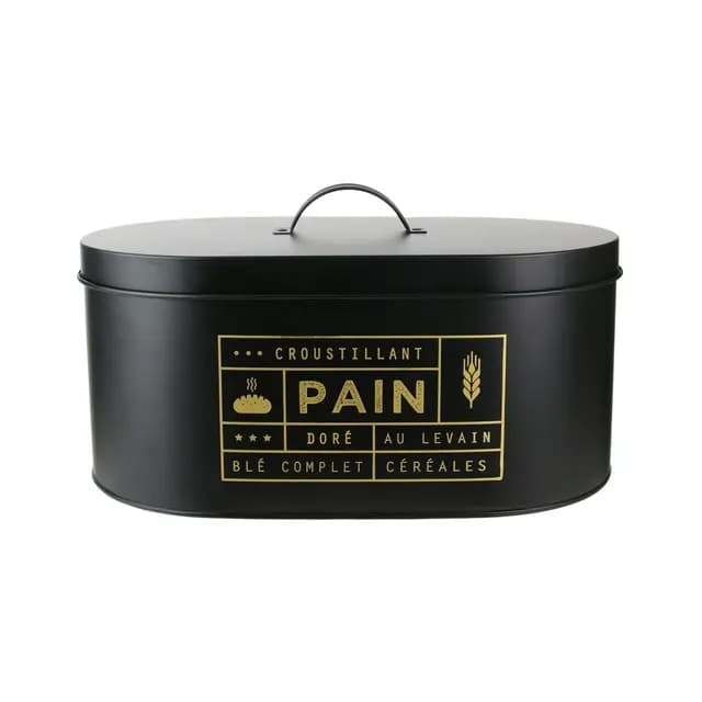 COOK CONCEPT - Caja de Pan de Metal Negro Mate con Ilustraciones Doradas - Diseñada para Almacenar Pan y Bollería - Gran Capacidad - Dimensiones 34,5 x 20 x 18 cm
