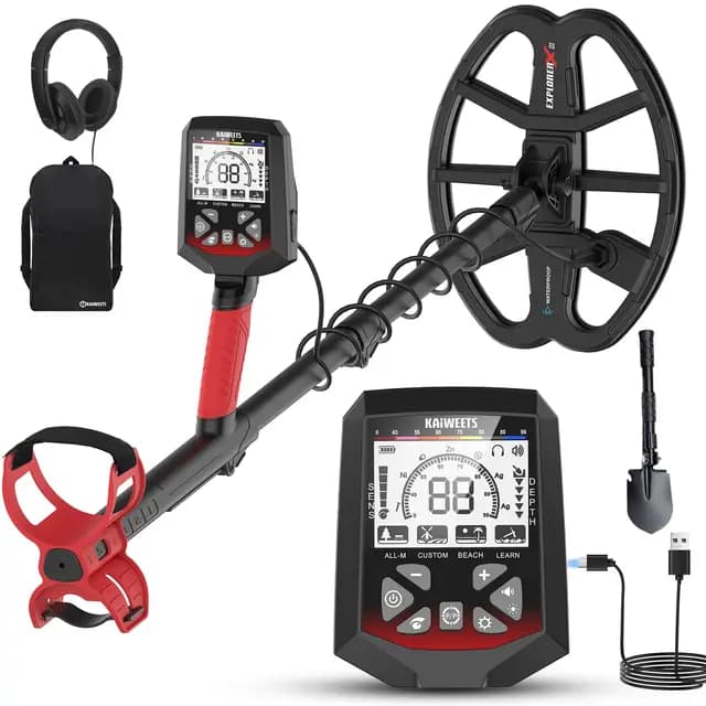 KAIWEETS Detector de Metales Profesional, Bobina Doble D Impermeable, Detector de Oro 5 Modos, Pértiga Telescópica Mejorada, Batería Recargable, Puntero, Cuchillo de Excavación y Funda para la Lluvia