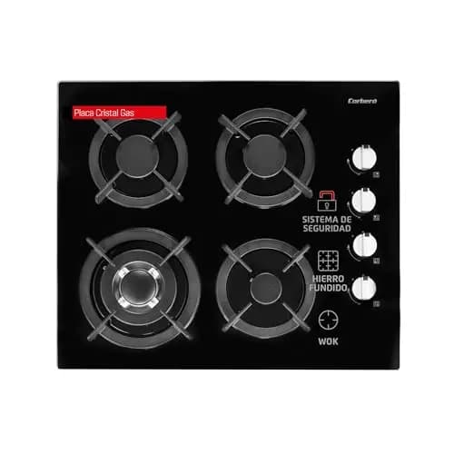Corberó - Placa Cristal Gas butano | CPCGY2304N | 4 Fuegos | Potencia 7,8 KW | Zona Wok | Sin Autoencendido | Desconexión Automática | Parrilla Hierro Fundido | Kit de conversión a gas natural | Negro