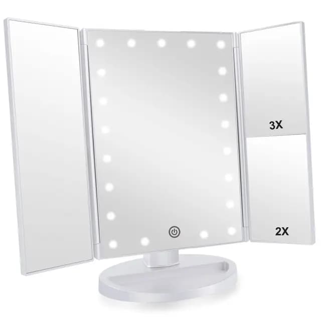 Infitrans Espejo de Maquillaje Tríptico con Aumento 1x, 2X, 3X, Espejo Cosmético Pantalla Táctil en Iluminacíon 21 Led, Adjustable 180º (Blanco)
