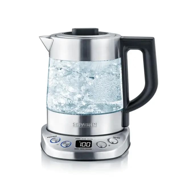 SEVERIN Tetera y hervidor de agua Deluxe Mini, tetera eléctrica de cristal para hasta 1,0 L, tetera pequeña con temperatura ajustable, color acero cepillado/negro, WK 3473