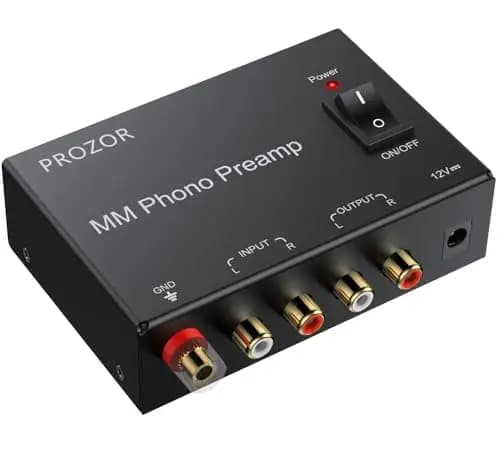 PROZOR Phono Preamp MM con Interruptor Preamplificador Phono para Tocadiscos y Giradiscos Convertidor de Vinilo a Línea Bajo Ruido con Entrada y Salida RCA Adaptador 12V para Amplificador HiFi