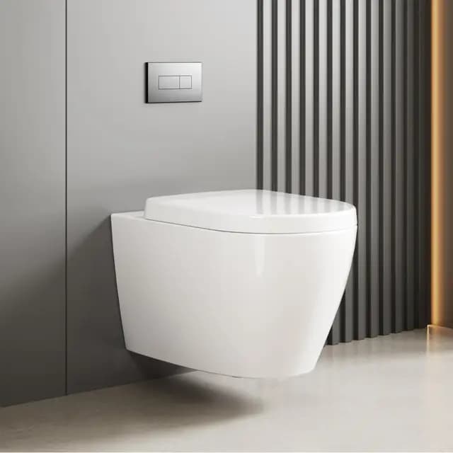 Inodoro colgante sin bordes, de cerámica con tapa de inodoro, dispositivo de descenso automático, técnica de descarga eficiente, forma de D, largo 55,5 cm, color blanco