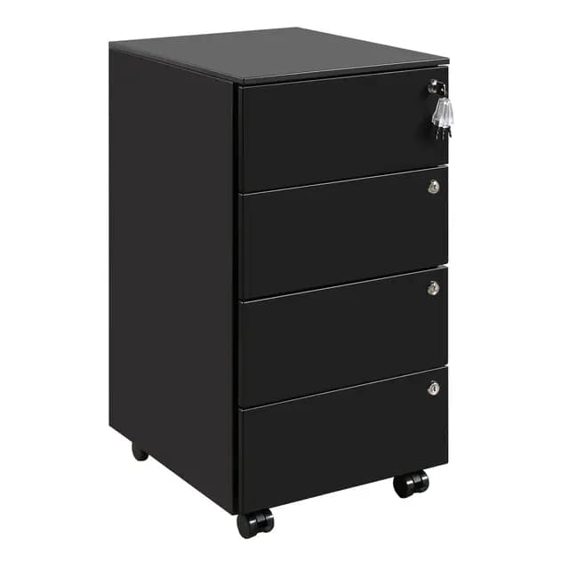 Cajonera móvil, Archivador Metálico con 4 Cerraduras, 4 Llaves, 4 Cajones, Premontado, para Oficina, Oficina en Casa, Negro