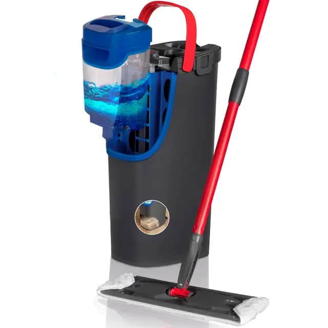 Vileda H2Pro Sistema de mopa Plana | Agua Limpia y Sucia separadas | Escurrido con una Mano | Almacenaje Compacto | Microfibra Gris y Azul