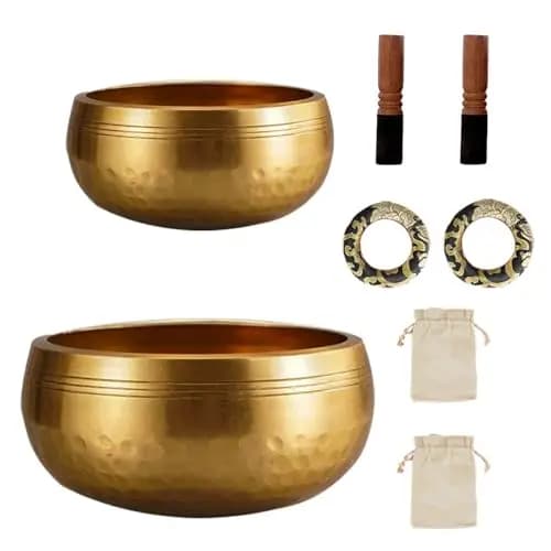 Juego De Cuencos Tibetanos,Con Varilla De Piel De Oveja,Arandela y Bolsa De Almacenamiento,Martillado a Mano,13cm y 8cm Cada Uno,Para Meditación,Yoga y Chakras,Un Regalo Único Para Mujeres y Hombres