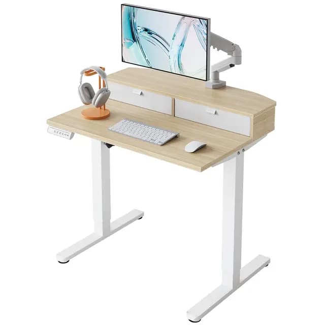 HUANUO Escritorio Elevable Pequeño 80 x 53 cm con 2 Cajones, Escritorio Ajustable en Altura con Soporte Tipo Abrazadera en C, Mesa Elevale de Pie para Oficina en Casa con 4 Memorias de Altura