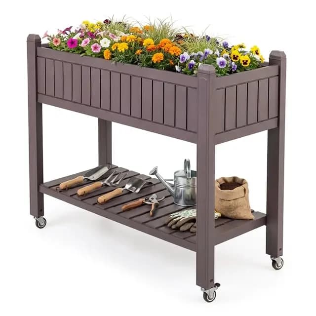 COSTWAY Huerto Urbano Elevado Mesa de Cultivo con Ruedas, Caja de Planta Divisible con Monitor de Agua, Orificio de Drenaje y Estante para Verduras y Hierbas, para Cultivo Plantas Flores Verduras