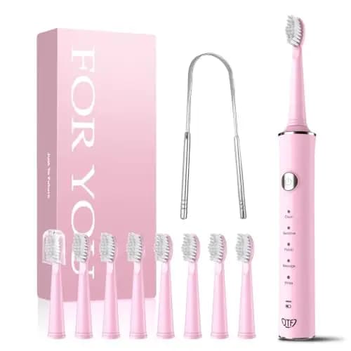 JTF Cepillo de Dientes Eléctrico Sónico – Limpieza Profunda para Encías Sensibles, 5 Modos, 45 Días de Batería, 8 Cabezales, IPX7 Impermeable, Temporizador Inteligente, Ideal para Viajes (Rosa)