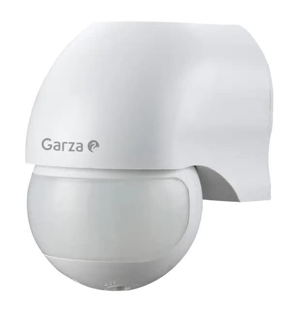Garza - Detector de movimiento por infrarrojos para interior y exterior, protección IP44, tiempo y luminosidad regulables, ángulo detección 180º, blanco