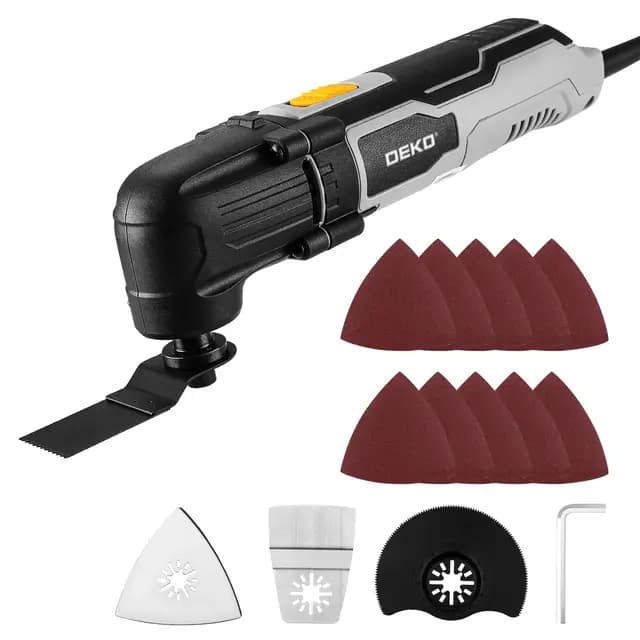 DEKOPRO Multitool Oscilante de 300W, 3000-22 000 rpm, Multitool Eléctrico con Cable, Control de 6 Velocidades, Incluye 10 Hojas de Lija, Apto para Madera y Metal