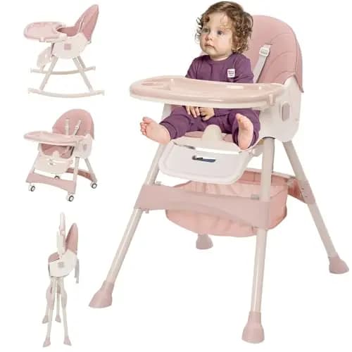 Trona Bebé Evolutiva 3 en 1, Plegable, Reclinable, Doble Bandeja Desmontable, con Ruedas Universales, 3 Respaldos Ajustables y Cinturón de Seguridad de 5 Puntos, Para Bebés a partir de 6 Meses, Rosa