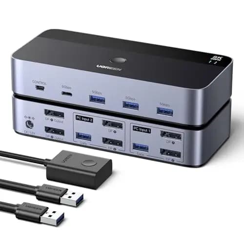 UGREEN Switch KVM DisplayPort 2 Entradas 2 Salidas 8K60Hz 4K240Hz Dos Monitores Conmutador con 4 Puertos USB 3A1C 5Gbps para Teclado, Ratón Disco Duro Controlador de Escritorio Cables USB Incluidos
