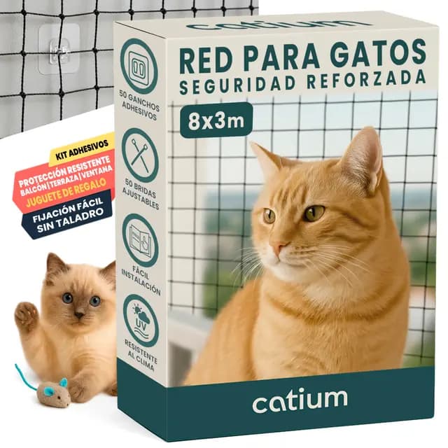 Red Para Gatos 8x3m Seguridad Reforzada Ideal Balcón Ventana Terraza Protección Exterior Interior Malla Antidesgarro Duradera Montaje Kit Completo Ganchos Adhesivos Bridas Juguete Regalo (8x3 metros)