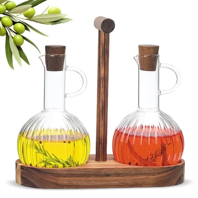HARLIANGXY Juego de botellas de vinagre y aceite con soporte de madera, 2 dispensadores de aceite a prueba de goteo de 300 ml, botella de aceite de oliva, dispensador de vinagre, jarra de aceite