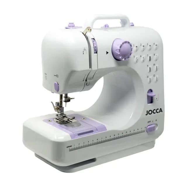Jocca Máquina de Coser Portátil con 12 Puntadas, Brazo Libre, Doble Velocidad, Luz LED, Ojal en 4 Pasos, Accesorios Incluidos y Uso con Cable o Pilas