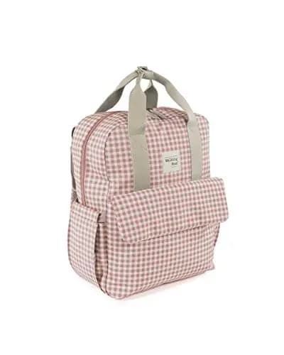 Walking Mum. Bolso Mochila I Love Vichy. Bolsa pañalera para silla de paseo. Diseño versátil con asas cortas y correas para llevar en los hombros. Color Rosa. Medidas 37X28X12 cm.