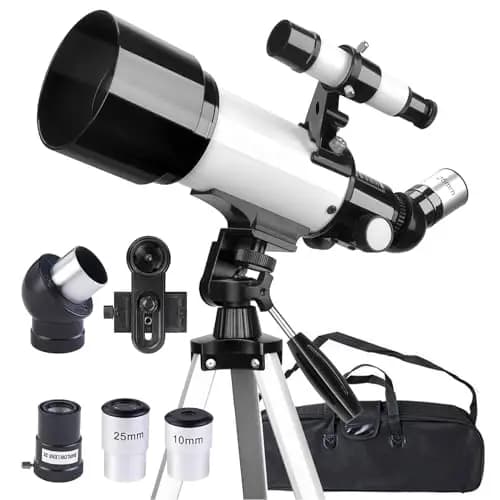 Telescopio 70mm Apertura 400mm Telescopios para Adultos Principiantes Astronomía con Lentes, Visor, Trípode, Bolso, Soporte Móvil, Portátil Refractor Telescopio para Niños & Adultos (Blanco)
