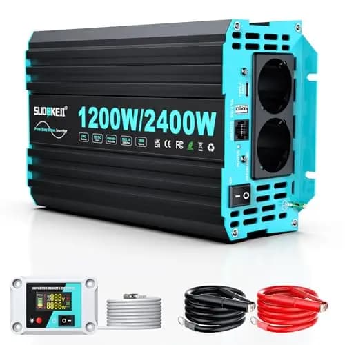 Inversor SUDOKEJI 1200W/2400W de Onda Sinusoidal Pura, Convertidor 12V-230V con Mando LCD, Puertos USB/Tipo-C y 2 Tomas UE para Solar, Vehículos y Autocaravanas