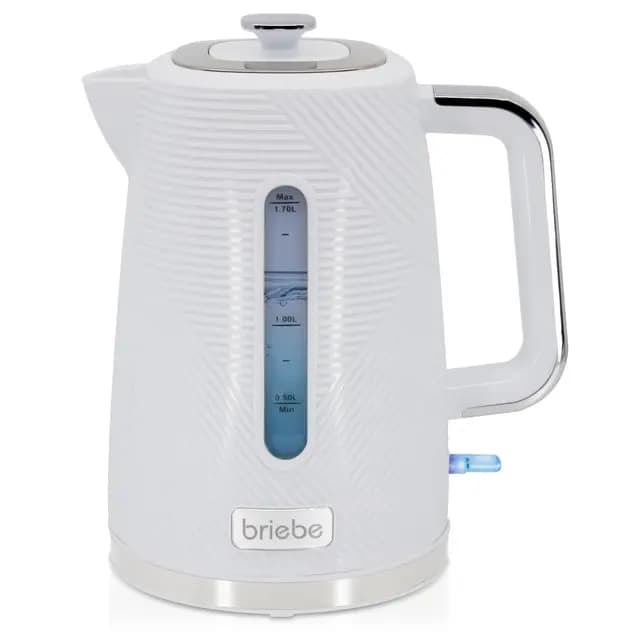 briebe Elegance Hervidor Agua Eléctrico 1,7L Inalámbrico, Tetera Infusiones 2200W Ebullición Rápida, Libre BPA, Base 360°, Controlador Strix, Apagado Automático, Diseño Moderno, Blanco