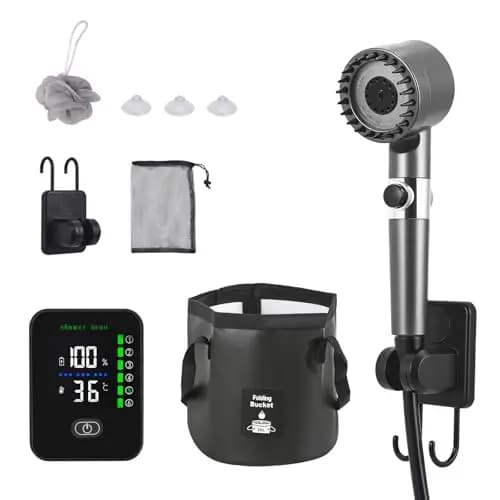 Duchas solares LCD, ducha solar portátil, 8000 mAh, recargable, ducha de camping con bomba, ducha móvil, cabezal de ducha filtrable para jardín, lavado de coche, playa, camping, mascotas