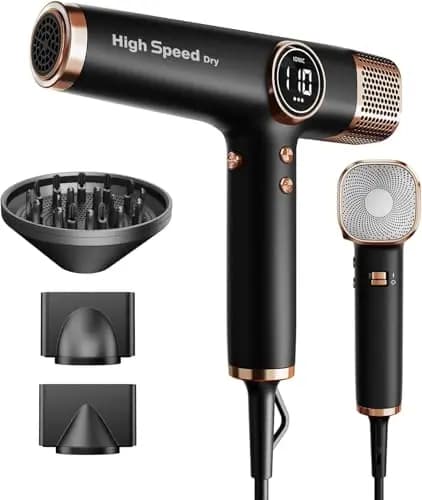 Faszin Secador de Pelo Profesional y Ligero con Motor de 110,000 RPM, Secado Rápido, 200 Millones de Iones, Bajo Ruido, Pantalla LED y 3 Boquillas Magnéticas, Ideal para el Hogar y el Salón