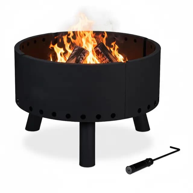 Relaxdays Brasero Exterior, Cuenco Fuego, Escudo Térmico, Borde Alto Protector, Atizador, Redondo, 40,5x58,5 cm, Negro