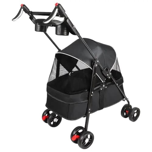 Cochecito de viaje para perros, 25 kg, con bolsa de almacenamiento y cubierta para la lluvia, cochecito Buggy para perros con portavasos, 50 x 70 x 95 cm, color negro