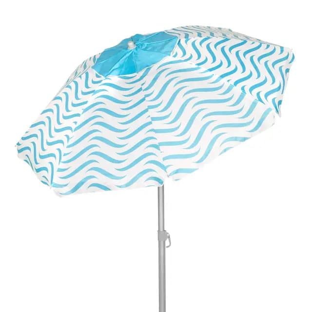 AKTIVE Sombrilla de playa antiviento 200 cm, 8 varillas de fibra de vidrio, Diseño olas de playa, Ventilación superior, Protección UV50, Mástil de acero inclinable, 28/32 mm, Incluye funda (62440)