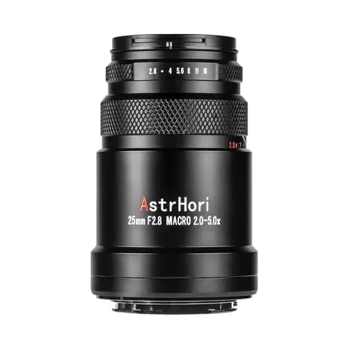 AstrHori Lente Ultra Macro de 25 mm F2.8 2X-5X Enfoque Manual de fotograma Completo Compatible con cámaras sin Espejo Fuji X, X-A1, X-A10, X-E2, X-A2, X-A3, etc.