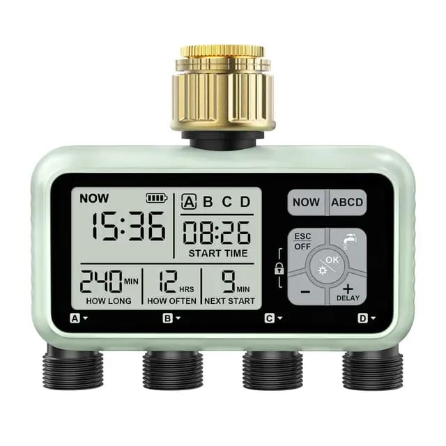 Johgee Programador de riego, 4 Salidas con Entradas de Latón, Temporizador Digital de Agua con retardo por Lluvia, Control de riego Automático/Manual para jardín y césped
