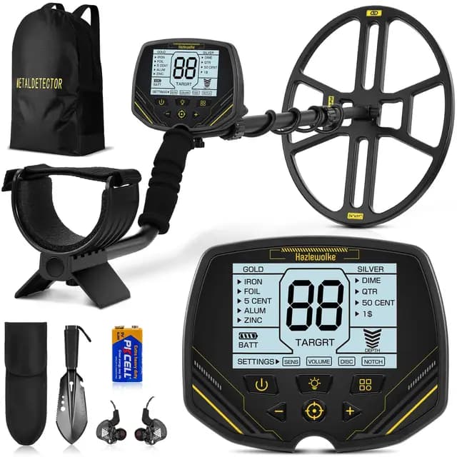 Hazlewolke Detector de Metales con Bobina de Búsqueda de 14'' Grande Doble D Impermeable,4 Modos,Alta Sensibilidad y Localización,Detector de Metales Profesional con Pantalla LCD Retroiluminada - DD90