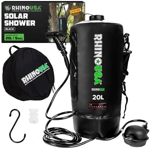 Rhino USA Ducha solar portátil de 5 galones/20 litros, esencial para camping, festivales, aterrizaje, viajes a la playa, ducha al aire libre y mucho más
