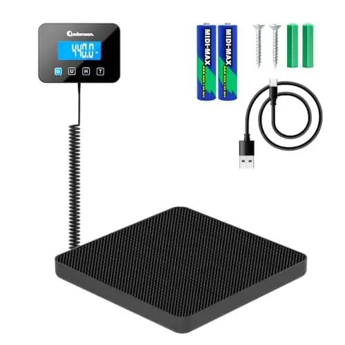 Bascula Industrial - 200 kg/10 g - Bascula Comercial de Alta precisión con Función de Retención/Tara - Perfecta para Paquetes, Equipaje, Uso Profesional - Batería y cable incluidos - Alfombra Negra