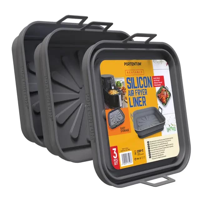 PORTENTUM Set de 3 Molde Silicona Freidora de Aire Cuadrados Plegables 22,5 cm – Para freidoras de aire de 4,7 a 8 litros – Recipientes Reutilizables – LFGB y BPA Free – Accesorios Air Fryer