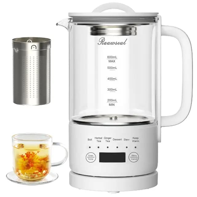 Hervidor Eléctrico 0.6L Multifunción - 6 Modos (Té/Dulces/Guisos), Temporizador 24H y Control 40-75°C, Acero Inox. sin BPA, 500W Ahorro Energía para Hogar/Camping/Viajes