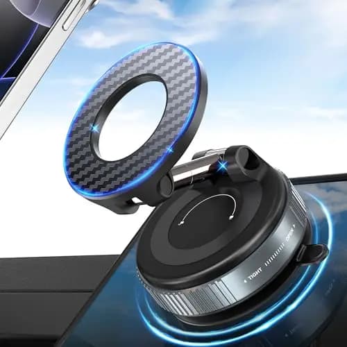 PlusAcc Soporte Móvil Coche Ventosa Magnético 360° – de vacío instalación en un Segundo, Compatible con iPhone 12/13/14/15/16/17, Universal con Anillo Magnético, para Salpicaderos y Parabrisas