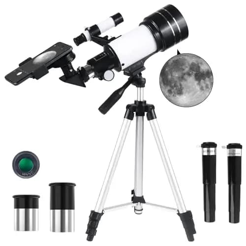Telescopio para Adultos, 70mm Apertura 300mm Telescopios para Principiantes Astronomía con Lentes, Visor, Trípode, Soporte Móvil, Portátil Refractor Telescopio para Niños & Adultos (Blanco)
