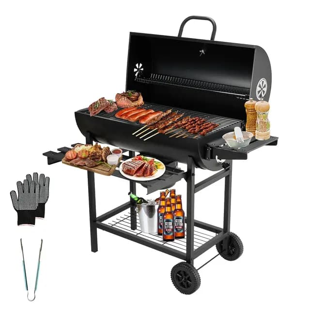 TEENO Barbacoa de carbón, Parrilla Barbacoa con Rejilla de Cocción XXL, Guantes Antigrietas, Termómetro, Cajón de Cenizas, Ventilación Regulable, Gran barbacoa de Carbón de Madera (Basic)